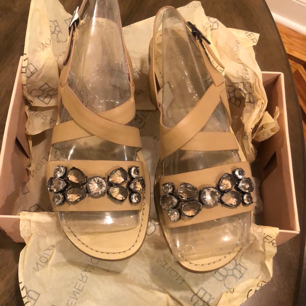 BCBG leather bejeweled sandals